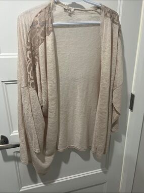 Light Beige Lace-Shoulder Open Cardigan Sweater